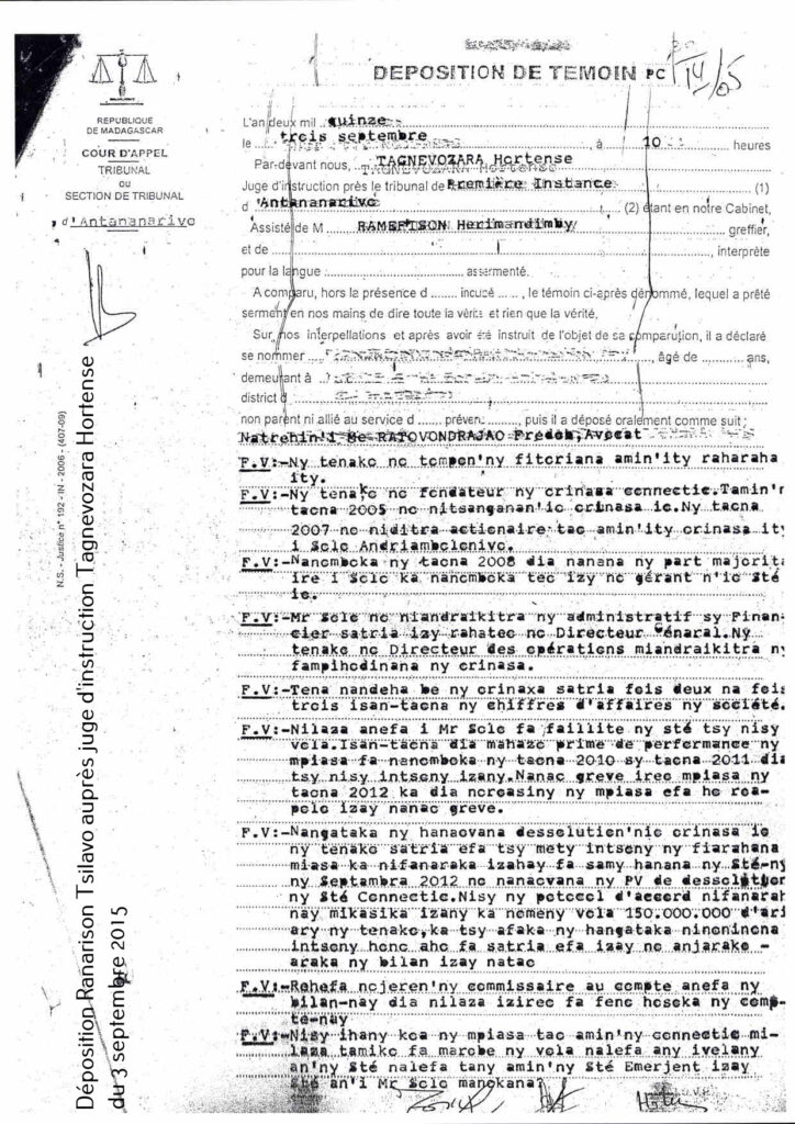 Déposition de Ranarison Tsilavo devant TAGNEVOZARA Hortense, juge d’instruction du 3 septembre 2015